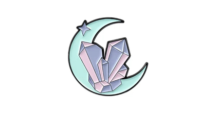 enamel pin featuring Crescent Moon and quartz crystals