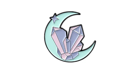 enamel pin featuring Crescent Moon and quartz crystals