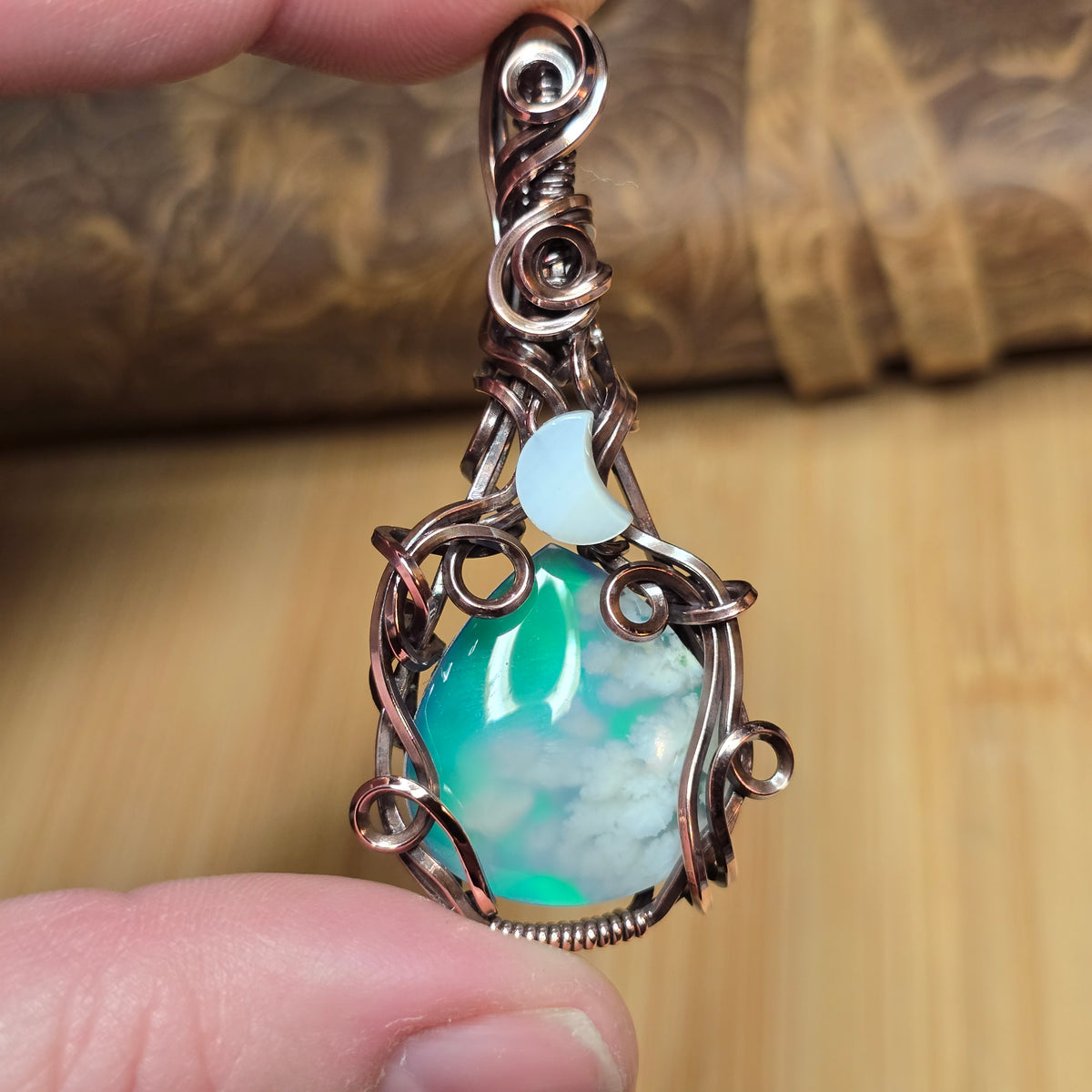 Green Aurora Opal Pendant | Plume Night Sky Copper Wire Wrapped