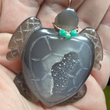 Carved Agate Crystal Geode Sea Turtle with Emerald Accent Pendant in Rose Gold Filled - Rock Your World