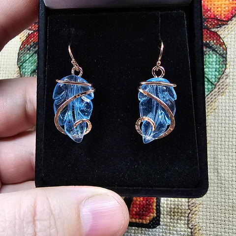 Carved Blue Aquamarine Leaf Wire Wrapped Earrings in 14kt Rose Gold Filled