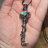 Skeleton Key with Rose Cut Heart Aurora Opal Doublet Wire Wrapped Pendant