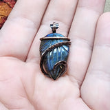 Carved Blue Flower Blossom Labradorite Pendant Necklace in Copper