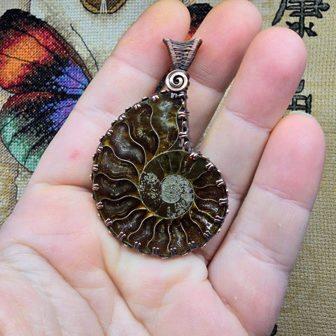 Large Fossil Ammonite Pendant in Copper with Woven Bail