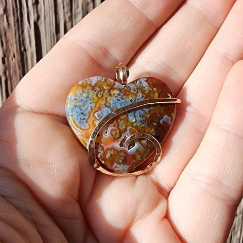 Red Marcasite Plume Agate Geode and Jasper Heart Pendant in 14kt Rose Gold Fill