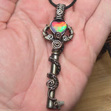 Skeleton Key with Rose Cut Heart Aurora Opal Doublet Wire Wrapped Pendant