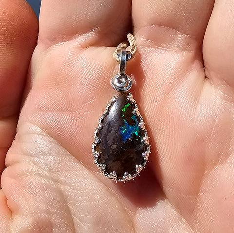 Shimmering Drop Boulder Opal Pendant in Sterling Silver
