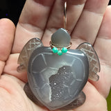 Carved Agate Crystal Geode Sea Turtle with Emerald Accent Pendant in Rose Gold Filled - Rock Your World