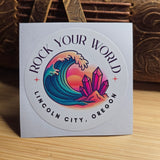 Colorful sticker with text and graphics on a light gray background