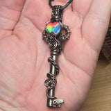 Skeleton Key with Rose Cut Heart Aurora Opal Doublet Wire Wrapped Pendant