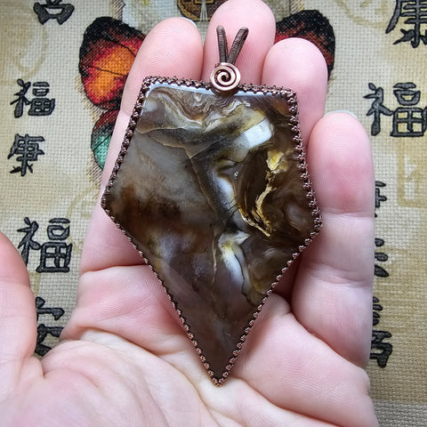 Abstract Agate Petrified Wood Pendant in Hammered Copper