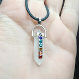 Rainbow Chakra White Quartz Polished Stone Double Terminated Crystal Pencil Point Pendant Necklace