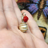 Large Natural Pearl with Red Coral Rose Accent Pendant in Sterling Silver