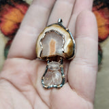 Agate and Rose Quartz Mushroom Pendant Necklace in Silver and Rose Gold Fill