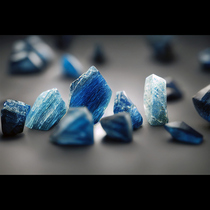 Pieces of blue kyanite crystal sitting on a gray background