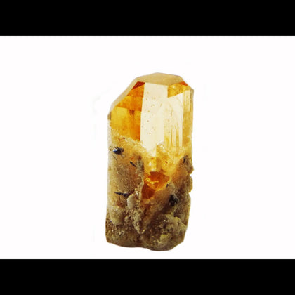 champagne colored crystal with rhyolite inclusions towards the base on a white background