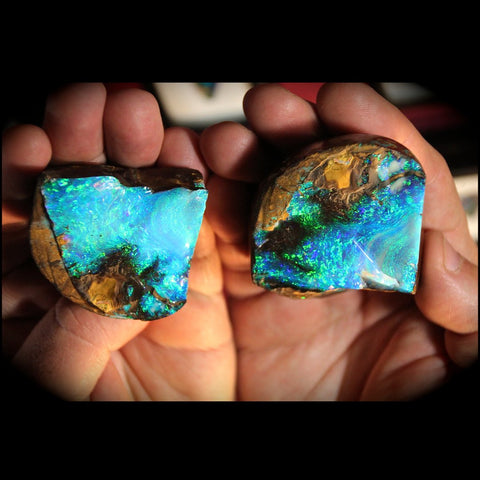 two hands each holding a split piece of boulder Opal on its brown host stone