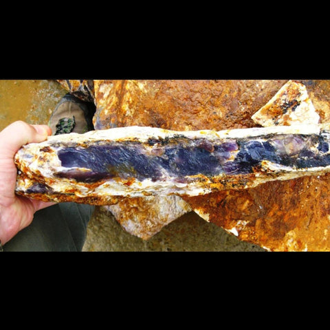 Person holding a large purple seam of chalcedony surrounded by tan matrix rock