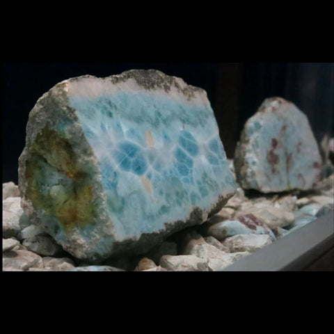 Larimar rock with blue and white fine radiating crystal structures