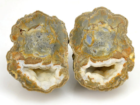 Pair of thunderegg halves with jasper and a geode