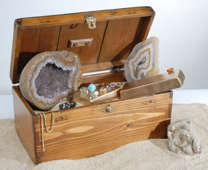 box filled with crystal gem and rock treasures