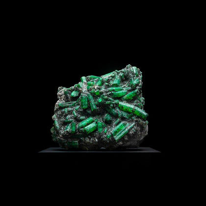 Rich green cluster of long skinny emerald crystals on a black background