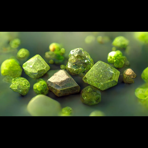 Geometric gathering of green peridot crystals in a blurred background