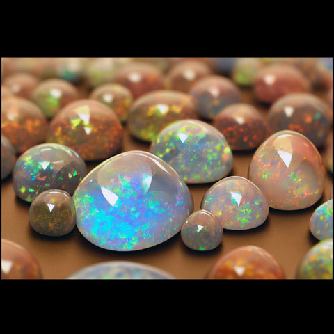 many oval shaped Ethiopian Welo Opals with a rainbow of colors