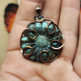 Carved Blue Green Labradorite Flower Pendant