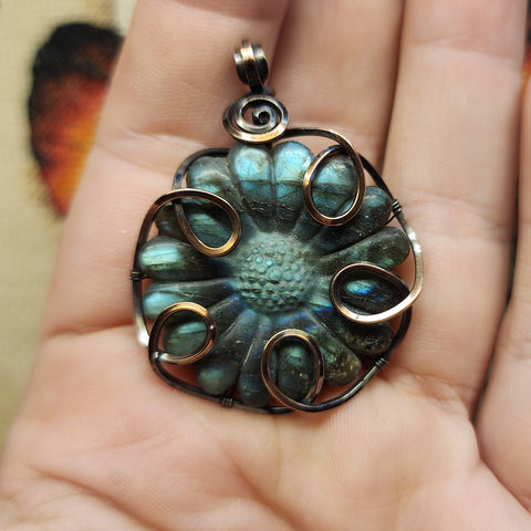 Carved Blue Green Labradorite Flower Pendant