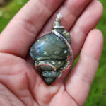 Carved Green Labradorite Sea Shell Pendant in Sterling Silver