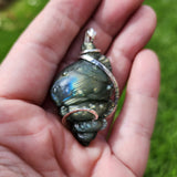 Carved Green Labradorite Sea Shell Pendant in Sterling Silver