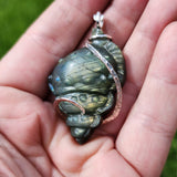 Carved Green Labradorite Sea Shell Pendant in Sterling Silver