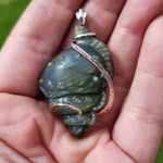 Carved Green Labradorite Sea Shell Pendant in Sterling Silver