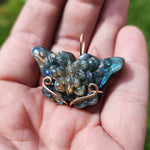 Carved Rainbow Labradorite Butterfly Pendant in 14kt Rose Gold Fill