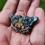 Carved Rainbow Labradorite Butterfly Pendant in 14kt Rose Gold Fill