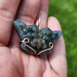 Carved Rainbow Labradorite Butterfly Pendant in 14kt Rose Gold Fill