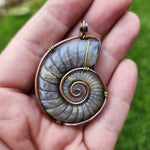 Carved Rainbow Purple Labradorite Ammonite Shell Pendant