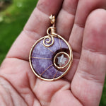 Purple Lepidolite Crescent Moon and Star Pendant in Rose Gold Fill with Rose Quartz and Aquamarine