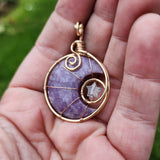 Purple Lepidolite Crescent Moon and Star Pendant in Rose Gold Fill with Rose Quartz and Aquamarine