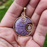 Purple Lepidolite Crescent Moon and Star Pendant in Rose Gold Fill with Rose Quartz and Aquamarine