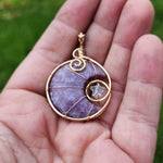 Purple Lepidolite Crescent Moon and Star Pendant in Rose Gold Fill with Rose Quartz and Aquamarine