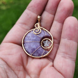Purple Lepidolite Crescent Moon and Star Pendant in Rose Gold Fill with Rose Quartz and Aquamarine