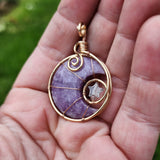Purple Lepidolite Crescent Moon and Star Pendant in Rose Gold Fill with Rose Quartz and Aquamarine