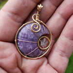 Purple Lepidolite Crescent Moon and Star Pendant in Rose Gold Fill with Rose Quartz and Aquamarine