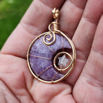 Purple Lepidolite Crescent Moon and Star Pendant in Rose Gold Fill with Rose Quartz and Aquamarine