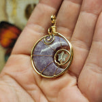 Purple Lepidolite Crescent Moon and Star Pendant in Rose Gold Fill with Rose Quartz and Aquamarine