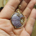 Purple Lepidolite Crescent Moon and Star Pendant in Rose Gold Fill with Rose Quartz and Aquamarine