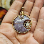 Purple Lepidolite Crescent Moon and Star Pendant in Rose Gold Fill with Rose Quartz and Aquamarine