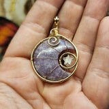 Purple Lepidolite Crescent Moon and Star Pendant in Rose Gold Fill with Rose Quartz and Aquamarine